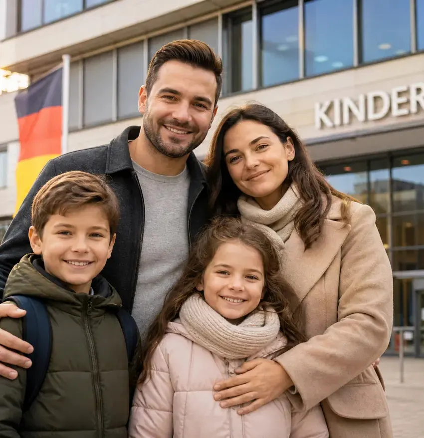 Familie de români în fața unei grădinițe din Germania